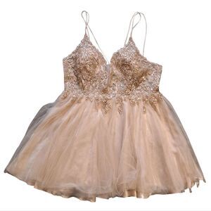 May Queen  Couture Plunging Neckline Beaded Lace Short Party Tulle Dress Sz 20